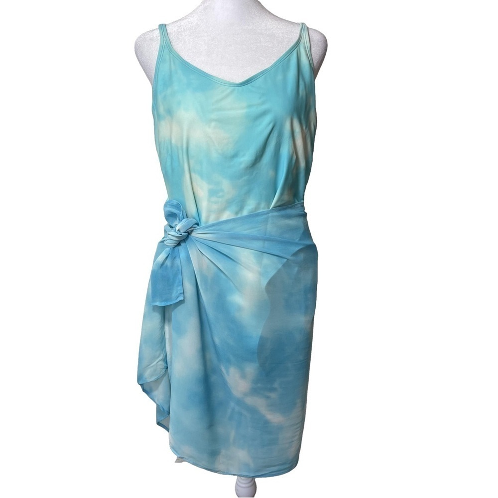 Anne Klein One Piece Swimsuit Sarong Set Sky Blue Tie Dye Aqua Turquoise 14